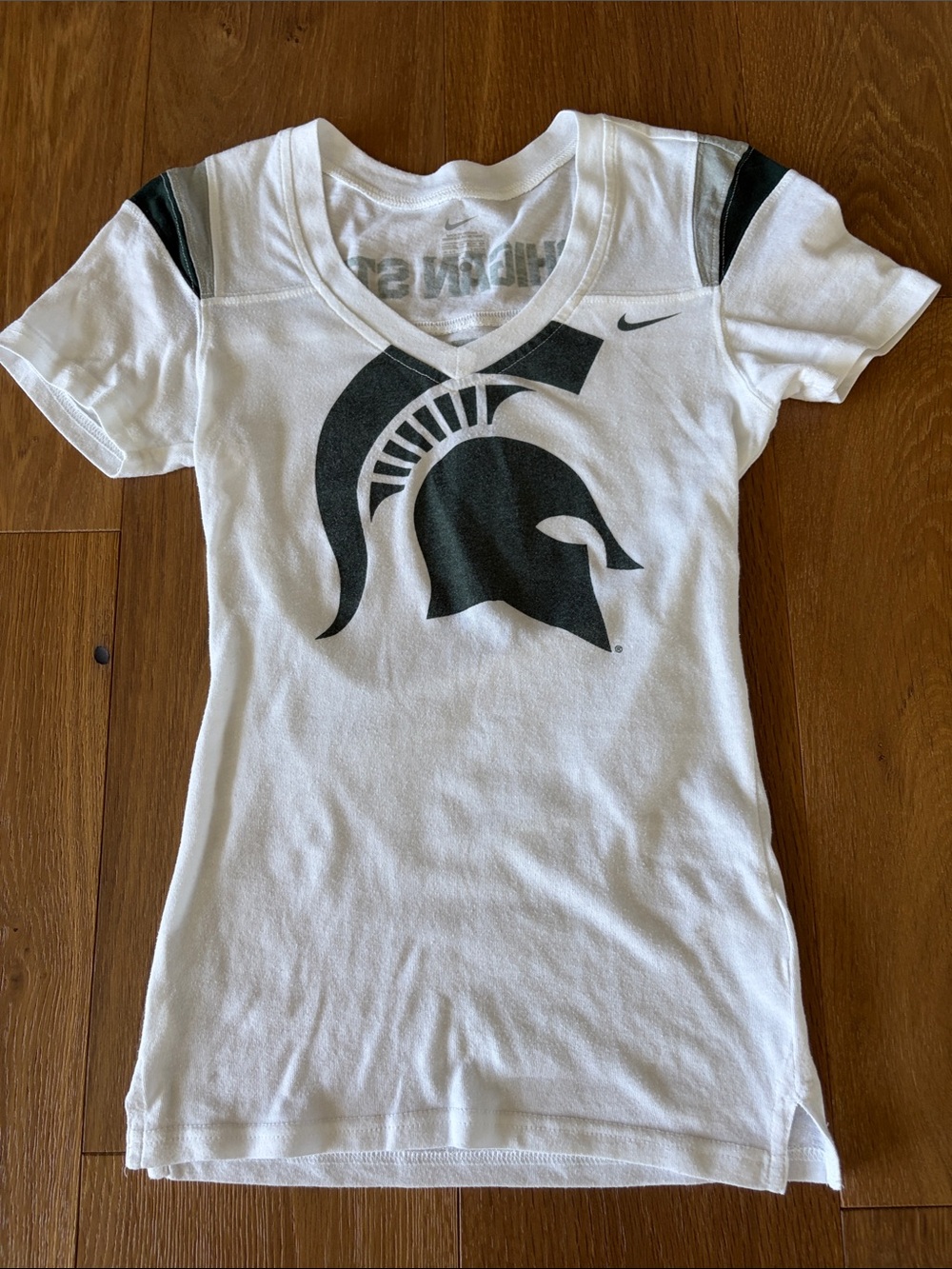 Nike White and Dark Green Michigan State Spartans V-Neck Tee